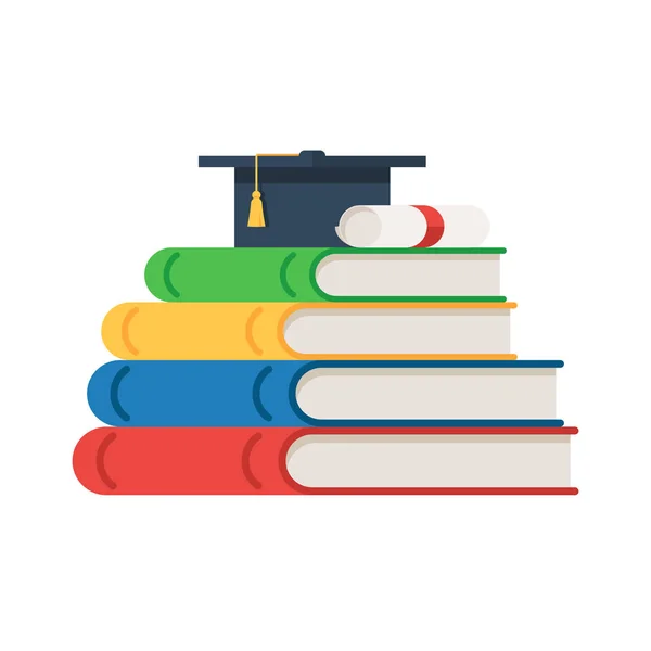 Montón Libros Con Gorra Graduación Diploma Rollo Parte Superior Concepto — Vector de stock