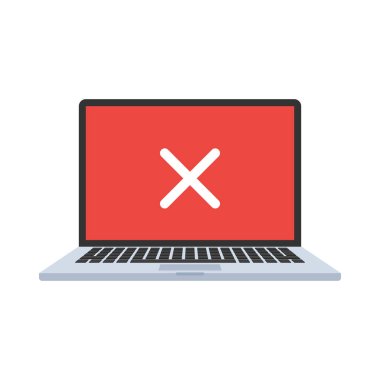 Kırmızı ekranda çapraz işaretli dizüstü bilgisayar. Beyaz arkaplanda izole edilmiş düz biçimdeki vektör illüstrasyonu