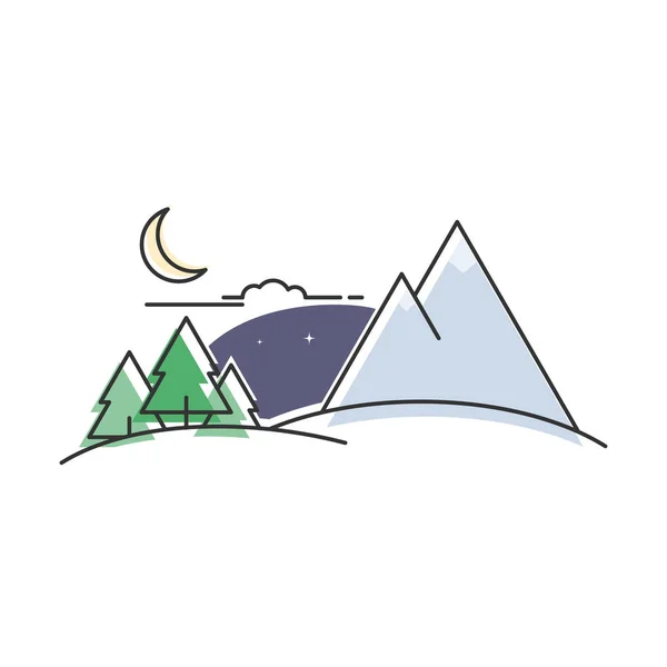 Lesní Horská Krajina Měsíci Obloze Vektorová Ilustrace Módním Plochém Lineárním — Stockový vektor