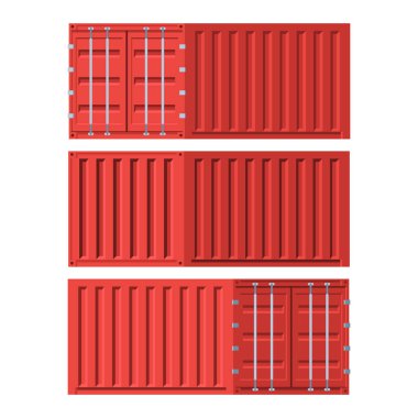 Farklı taraflardan kargo konteynırı. Liman nakliye konteynerleri. Beyaz arkaplanda izole edilmiş modayı gösteren vektör illüstrasyonu