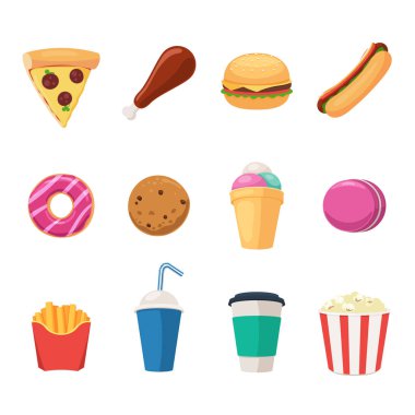 Hamburger, soda, pizza dilimi, patates kızartması, çörek, patlamış mısır, bir fincan kahve, sosisli sandviç, dondurma ve makarna. Çizgi film tarzında vektör illüstrasyonu beyaz arkaplanda izole edildi