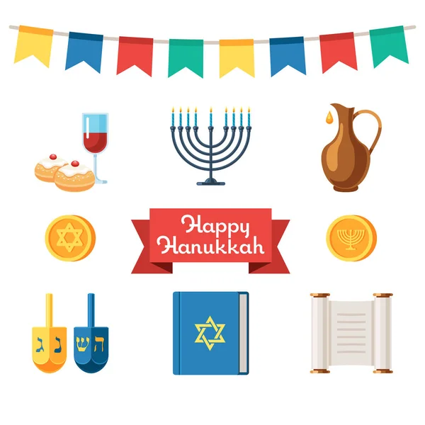 Días festivos judíos hanukkah iconos planos — Vector de stock