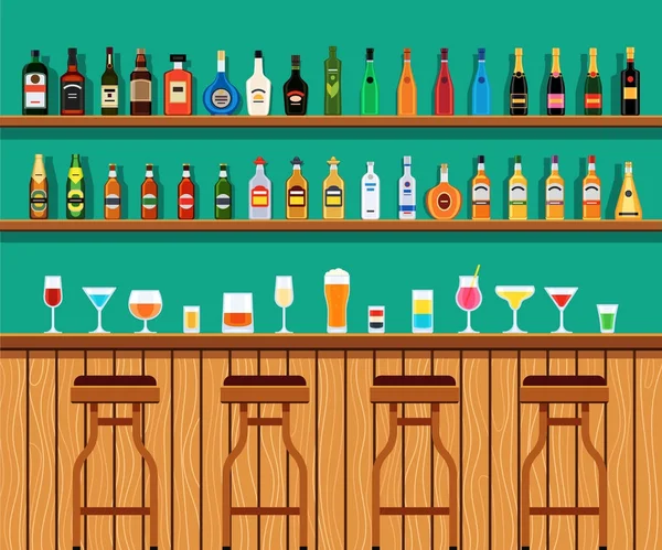 Bar avec bouteilles et cocktail — Image vectorielle