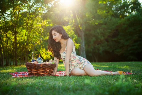 Sexy donna bruna sulla coperta da picnic nel parco . — Foto Stock