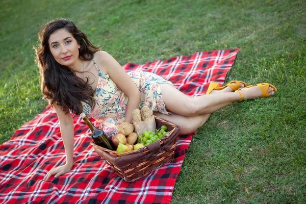 Sexy brunette woman on picnic blanket in the park. — ストック写真