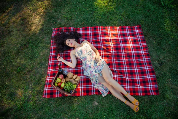 Sexy morena mulher no piquenique cobertor no parque . — Fotografia de Stock