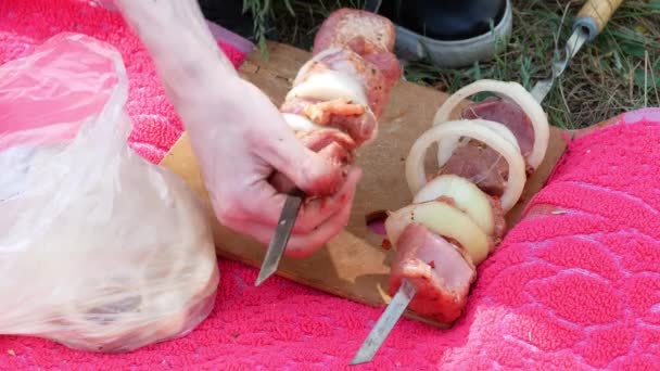 Friggere carne fresca, kebab, barbecue al Picnic 4K Grill — Video Stock