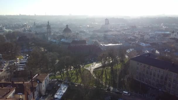 Aerial top view of Lviv, Ukraine, at sunset — Stock Video