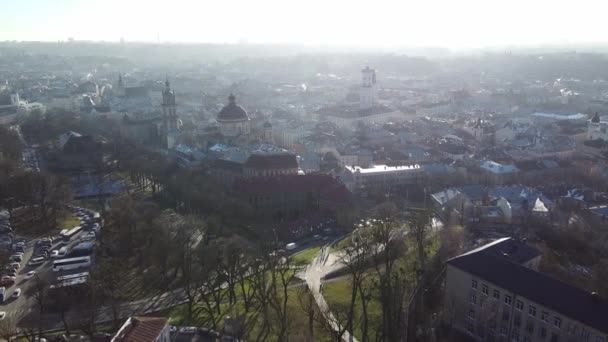 Aerial top view of Lviv, Ukraine, at sunset — Stock Video