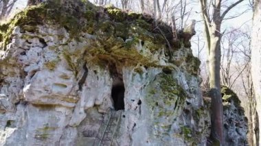 Ukrayna 'nın Krehiv ormanındaki mağara manastırı.