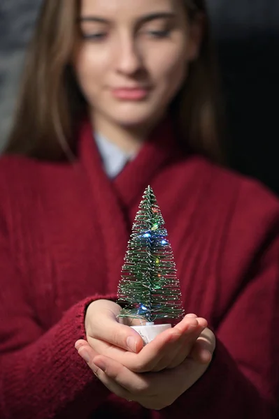 手里拿着圣诞树的女孩 — 图库照片