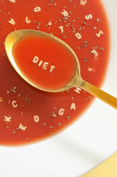 Soupe Aux Tomates Avec Nouilles Lettre Sur Cuillère — Photo