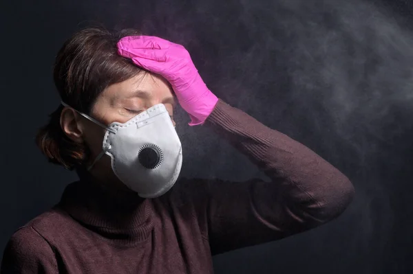 Woman Wearing Medical Protective Virus Mask Dark Background — Stock Photo, Image