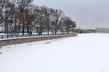 Kış Kronverkskaya waterfront ağaçlarda.
