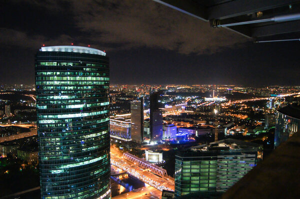 Night view of the Moscow high-rise out of the window.