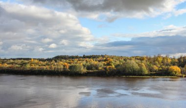 Nehir arkasında sonbahar orman.