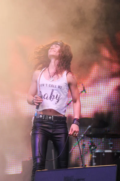 Solist rock grubu bir mikrofon ile.