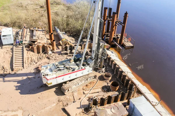 Drilling Wells Shore Start Construction Motor Bridge Volkhov River — Stock Photo, Image