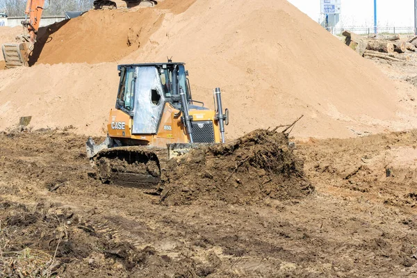 Bulldozer Medio Las Obras Planificación Del Sitio Inicio Construcción Puente — Foto de Stock