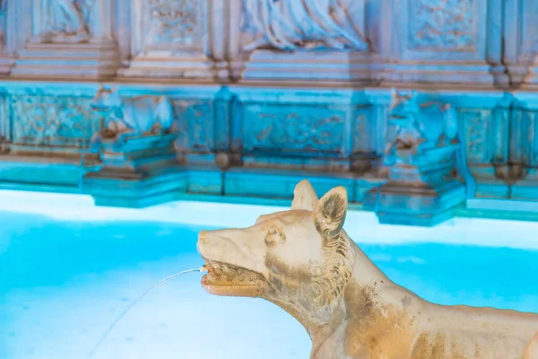 Particular of Fonte Gaia (1400s) at night in the center of Siena — Stock Photo, Image