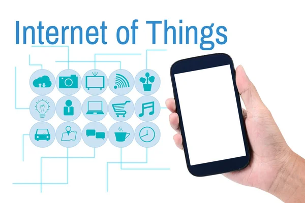 남자 손 개념의 스마트 휴대 전화를 사용 하 여 사물의 인터넷 — 스톡 사진