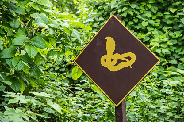 警告のサインが緑の葉を持つヘビ ゾーンを注意してください。 — ストック写真