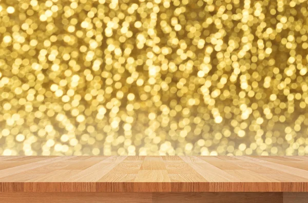 Wood shelf on gold light bokeh background — Stock Photo, Image
