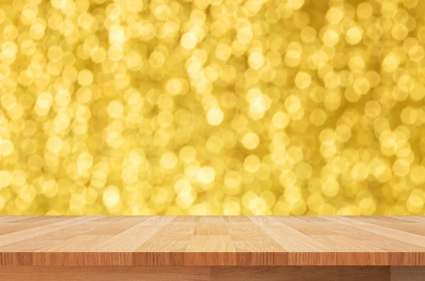 Wood shelf on gold light bokeh background — Stock Photo, Image