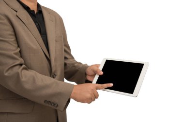 işadamı tutan el izole üzerinde beyaz arka plan tablet