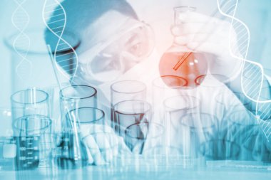 Bilim adamı ve laboratuvar test tüpü, bilim çift pozlama 