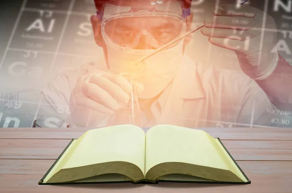 open book with scientist and laboratory test tub