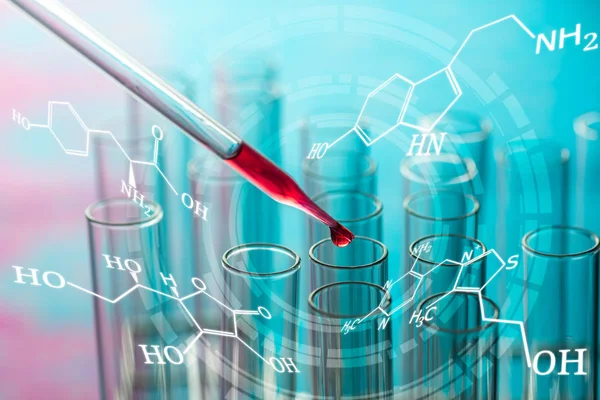 Tubos de ensayo de laboratorio científico con fórmula química, ciencia b — Foto de Stock