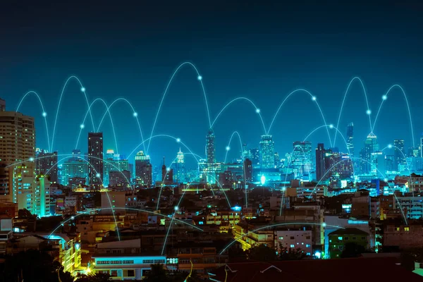 Abstracte lijn verbinding op nacht stad achtergrond — Stockfoto