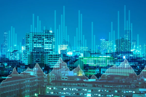 Abstrakta verksamhet stapeldiagram på natten staden bakgrund — Stockfoto