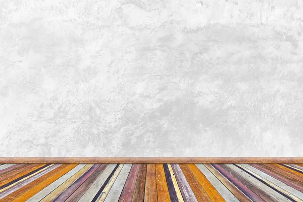 Wood plank floor with stone wall background — Stock Photo, Image