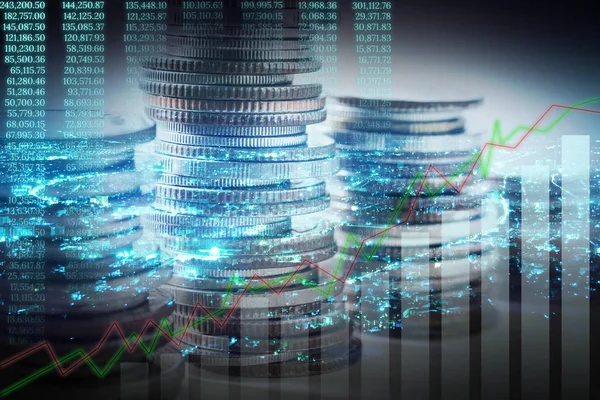 Double exposure of coins stack with night city light and technic — Stock Photo, Image