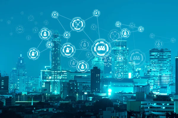Mensen netwerkverbinding op nacht moderne stad achtergrond — Stockfoto