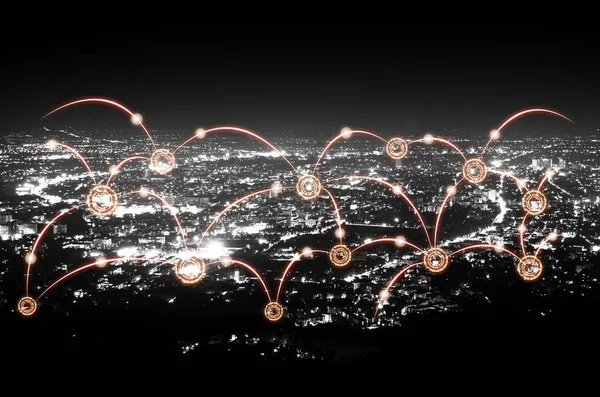 Gece şehir arka plan üzerinde soyut hat bağlantısı — Stok fotoğraf