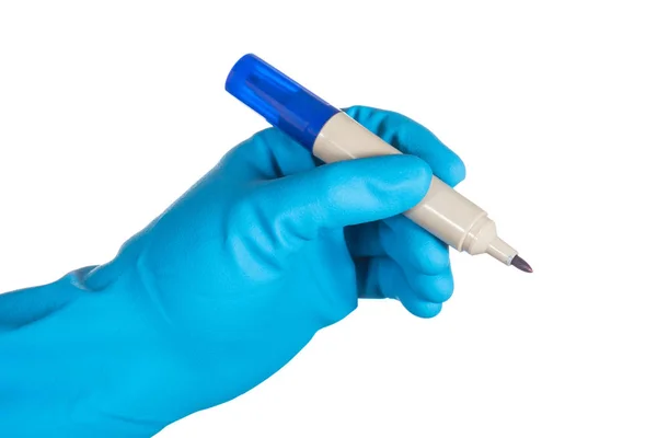 Naukowiec dłoń w niebieskie rękawice gospodarstwa niebieski znacznik do pisania iso — Zdjęcie stockowe
