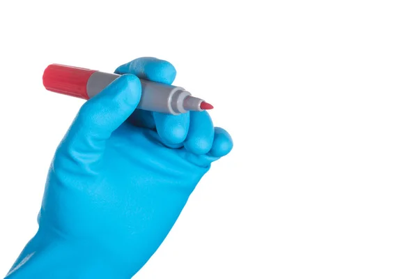 Scientist hand in blue glove holding red marker for writing isol — Stock Photo, Image