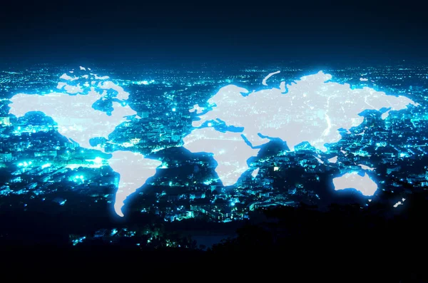 Mappa del mondo su sfondo città notte — Foto Stock