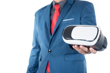 işadamı mavi Suite sanal gerçeklik gözlük kutusu sunan