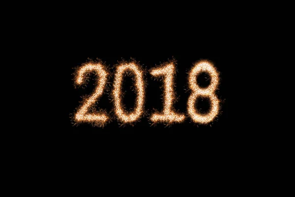 Szikrázó tűzijáték írt szöveg év 2018-fekete háttér — Stock Fotó