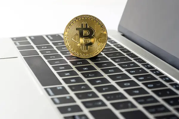 노트북 컴퓨터, 디지털 curren에 Cryptocurrency 골든 bitcoin — 스톡 사진