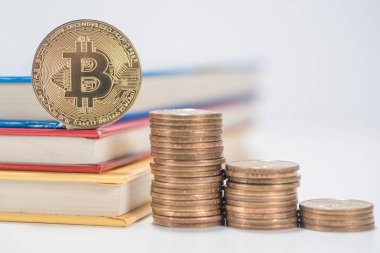 Cryptocurrency altın bitcoin ve yığın dolar para sikke