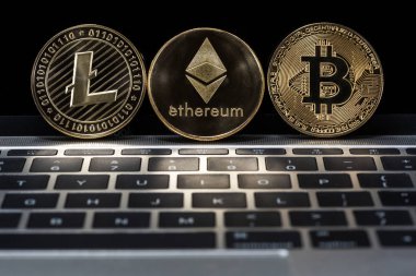 Cryptocurrency altın Bitcoin, Litecoin, Ethereum para üstünde laptop