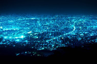 Mavi gece şehir arka plan dijital devre hatta
