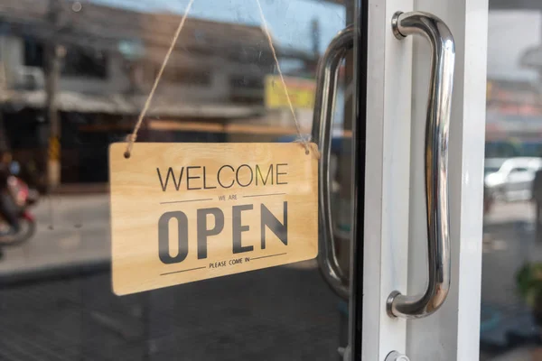 Open signboard at the door of restaurant — Stock Photo, Image