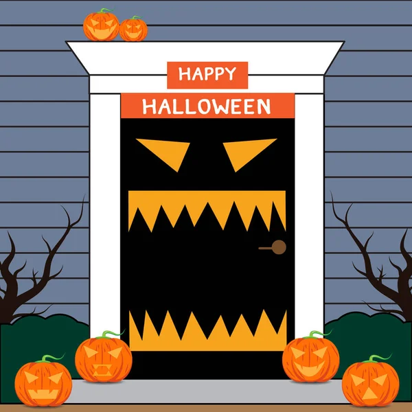 Puerta Halloween Gente Decora Puerta Bienvenido Halloween — Archivo Imágenes Vectoriales