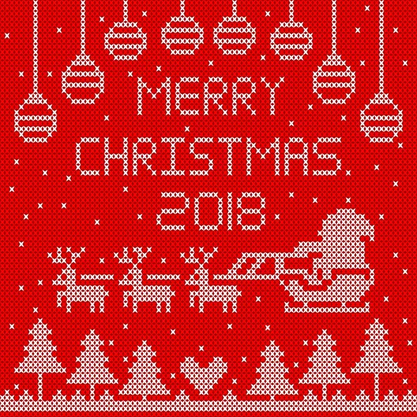 Knitted Merry Christmas 2018 Red Background Design — Stock Vector